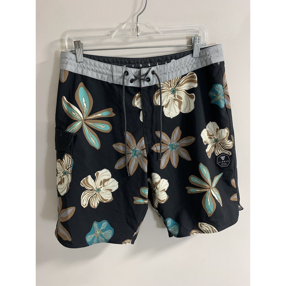 Vissla Board Shorts Upcycled Cocotex Men's 33 Black Blue Floral Hawaiian